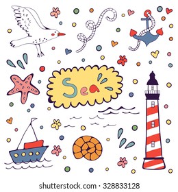 Sea doodles. Cute sea related hand drawn graphic elements in vector format