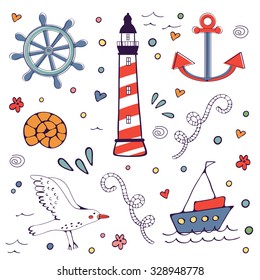 Sea doodles. Cute sea related hand drawn graphic elements in vector format