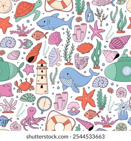 Sea doodles, ocean life cartoon elements seamless pattern for nursery prints, wallpaper, bedding, textile, scrapbooking, digital paper, backgrounds, banners, etc. EPS 10