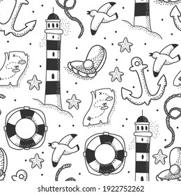 Sea doodles vector cartoon seamless pattern on a white background.