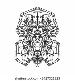 Sea dragon head design  black white line art