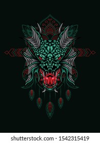 Sea dragon head vector illustration with mandala as the background ornament, suitable for apparel merchandise, t-shirt or outerwear.