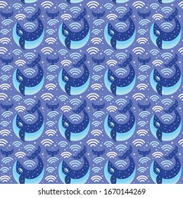 Sea dream fairytale pattern with cute blue whale on waves pattern. Ocean life aquatic seamless background with large marine mammal for textile prints, fabric and wrapping paper.