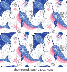 Sea dream fairytale pattern with narwhal, stingray, jellyfish and starfish. Ocean life aquatic seamless background with marine creatures and underwater animals for textile prints, fabric and paper.