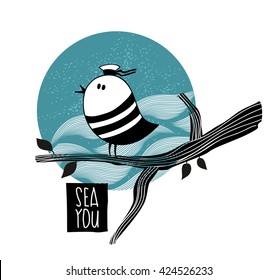 Sea dream. Vector illustration of doodle bird on the tree.