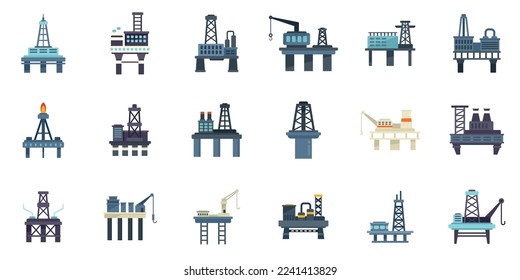 Sea drilling rig icons set flat vector. Oil industry. Power platform isolated