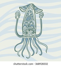 sea dweller squid in cartoon style on the background of sea waves