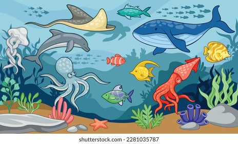 Sea ecosystem concept. Whale and dolphin, octopus, squid, jellyfish and fish underwater. Maritime representatives. Sea and ocean wildlife and fauna. Marine life. Cartoon flat vector illustration