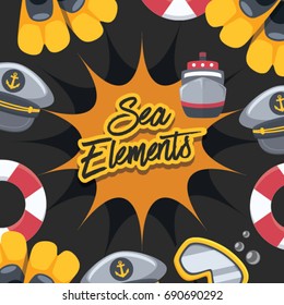 Sea Elements with Black Background : Vector Illustration