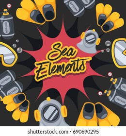 Sea Elements with Black Background : Vector Illustration