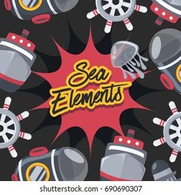 Sea Elements with Black Background : Vector Illustration