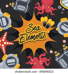 Sea Elements with Black Background : Vector Illustration