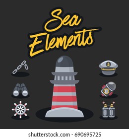 Sea Elements with Black Background : Vector Illustration