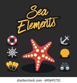 Sea Elements with Black Background : Vector Illustration