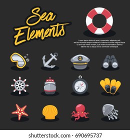 Sea Elements with Black Background : Vector Illustration