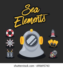 Sea Elements with Black Background : Vector Illustration