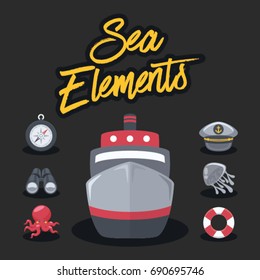 Sea Elements with Black Background : Vector Illustration