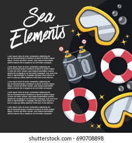 Sea Elements with Black Background : Vector Illustration