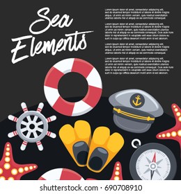 Sea Elements with Black Background : Vector Illustration