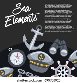 Sea Elements with Black Background : Vector Illustration