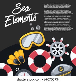 Sea Elements with Black Background : Vector Illustration