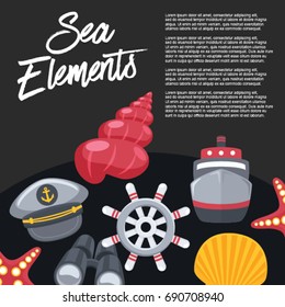 Sea Elements with Black Background : Vector Illustration
