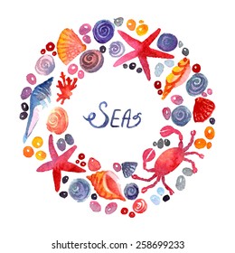 Sea Elements Composition. Border frame with space for text. Group of sea shells. Background with seashells. Watercolor composition. Illustration. Hand-drawing decoration.