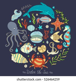 Sea Elements diving cute animals Dolphin shells butterfly fish sea horse octopus and seastar nature aquatic hand drown pearl set background.