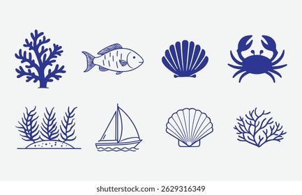 Sea Elements Icon Set of Fish, Coral, Sailboat, Crab and More Simple Line and Silhouette Vector on White Background