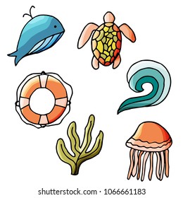 Sea elements icons set in cartoon style. For web, print and creative design. Vector illustration