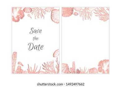 Sea elements invitation simple vector design, rose gold colored doodle leaves.