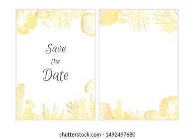 Sea elements invitation simple vector design, gold colored doodle leaves.
