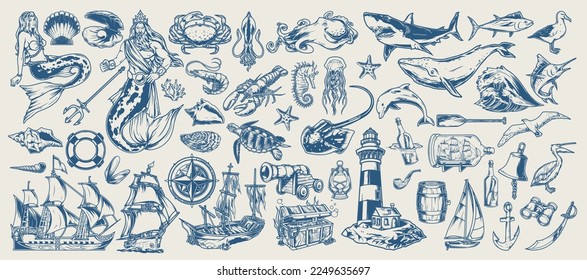 Sea elements labels monochrome set with fish and underwater fauna or sailing ships and mermaids or seabirds vector illustration