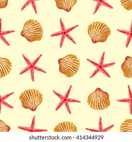 Sea elements on sand seamless pattern with red starfishs dark yellow seashells on beige background vector illustration