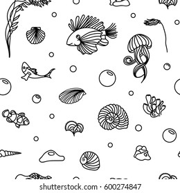Sea Elements Pattern. Collection of marine plants, leaves and seaweed. Vintage set of black and white hand drawn marine flora