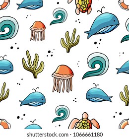 Sea elements seamless pattern in cartoon style. For web, print and creative design. Vector illustration