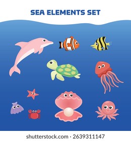 Sea Elements Set Adorable Marine Life Cartoon Illustrations