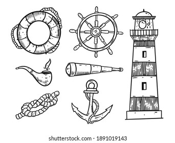 Sea elements set. Black color vector illustration. Isolated on white background.