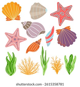 Sea elements set with shells, starfish, corals, and seaweed. For summer, ocean themes, kids, and decoration projects