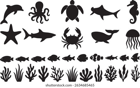 Sea Elements Silhouettes Vector Set, A vector set of sea life and ocean elements in silhouette style. Includes marine animals, waves, and nautical shapes. Perfect for World Ocean Day, eco-campaigns.
