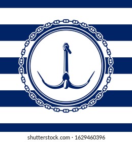 Sea emblem with anchor on a blue and white striped seamless marine background, a circle of a chain, vector illustration