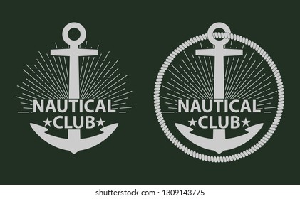 Sea emblem. Sea club anchor with rays and text.