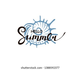 sea emblem of hello summer lettering with seashell isolated on white background