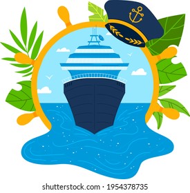 Sea emblem, rudder cap nautical, travel symbol, cruise background, old hat element, design, flat style vector illustration.