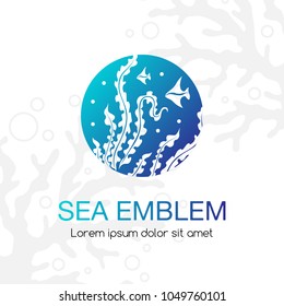 Sea emblem. Seaweeds and tropical fishes. Underwater life icon. Sign for oceanarium, aquarium or travel company.