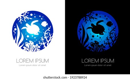 Sea emblem. Seaweeds, turtle, coral and tropical fishes. Underwater life icon. Sign for oceanarium, aquarium or travel company.