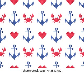 Sea embroidery. Seamless pattern with anchors. Cross stitch. Vector seamless pattern.