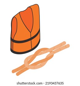 Seemaschine Icon isometrische Vektorgrafik. Orangefarbene Schwimmweste, Seil mit nautischem Knoten. Meeresthema, Meeresfrüchte