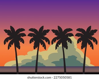 Sea, evening sky, clouds, palm background illustration