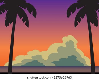 Sea, evening sky, clouds, palm scenery